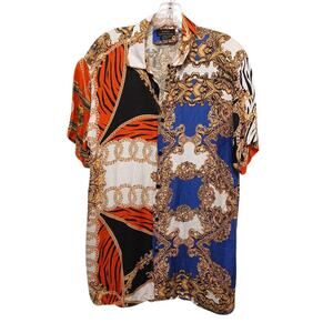 Zara Printed Chains Shirt Men's Sz M Blue Red Gold Designer Silky Luxe Relaxed